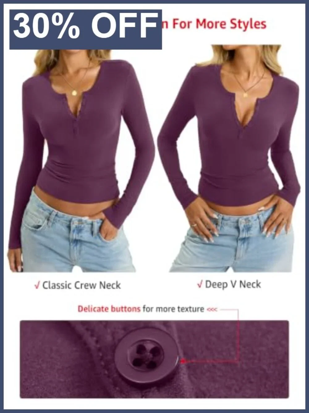 Womens Fitted Cotton Long Sleeve Henley Top V Neck Fall Tee